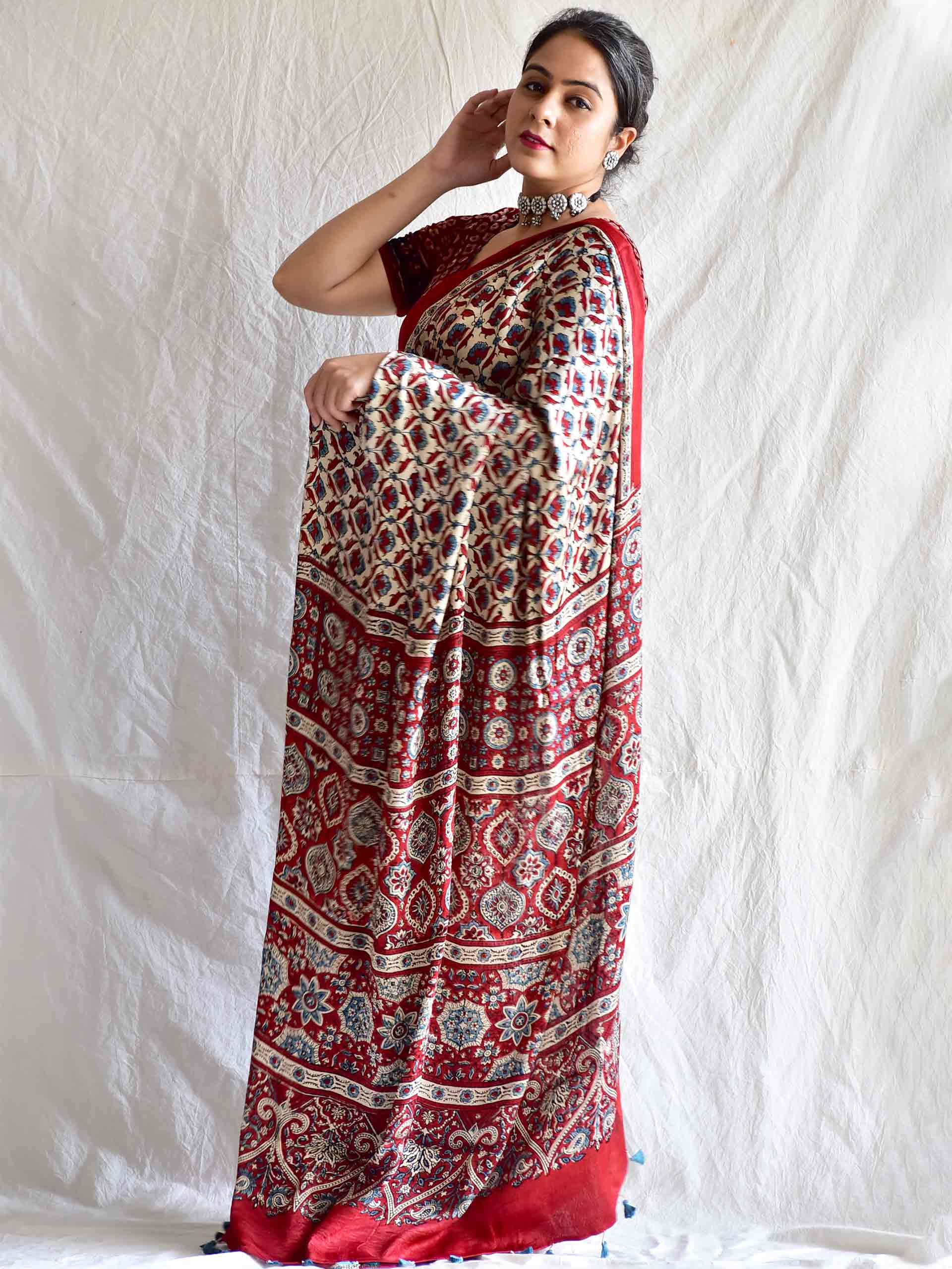 Buy Stripe Love Maroon Ajrakh Mashru Silk Saree Online in India - Etsy