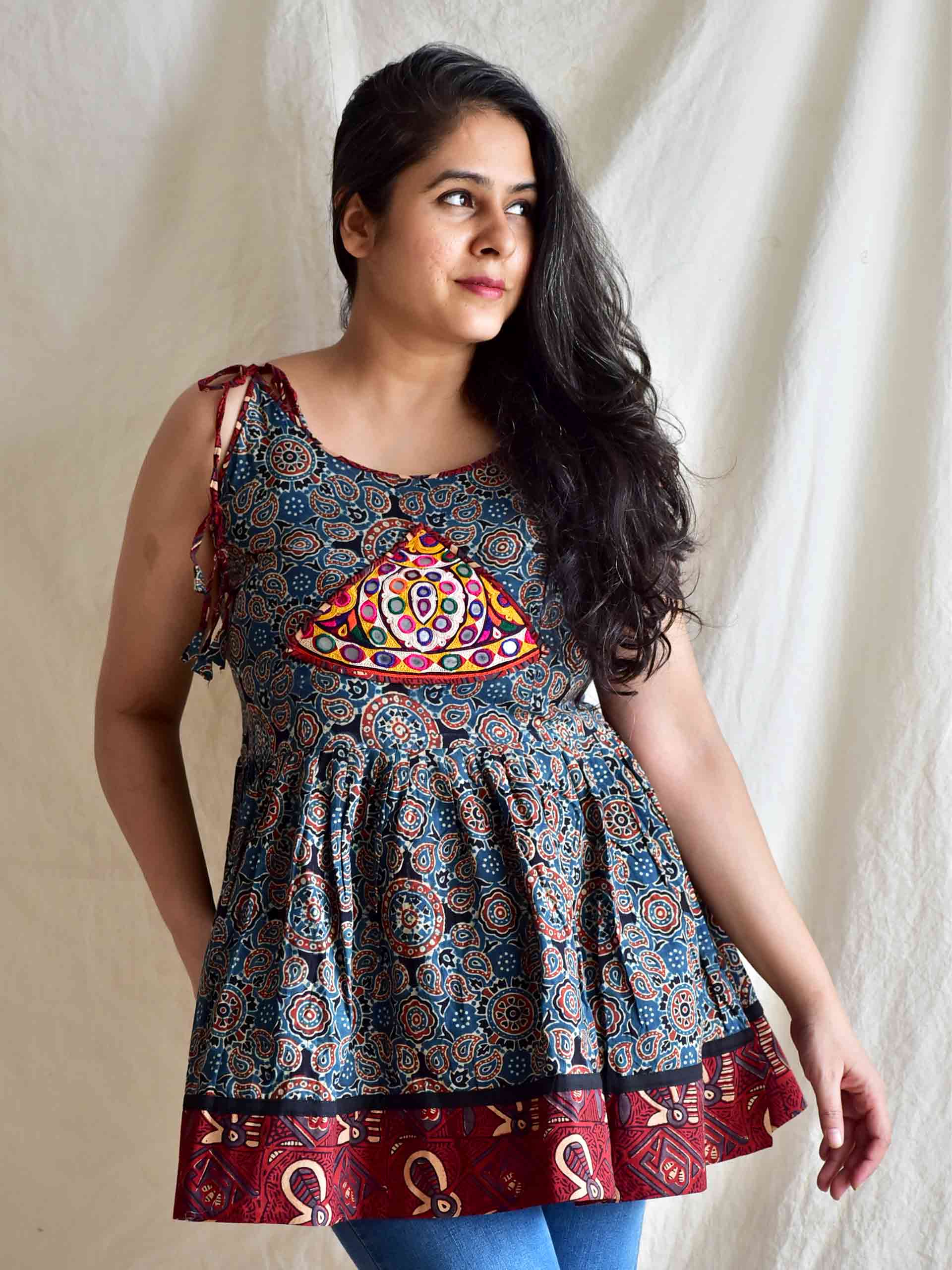 Raina - Ajrakh hand embroidered Top