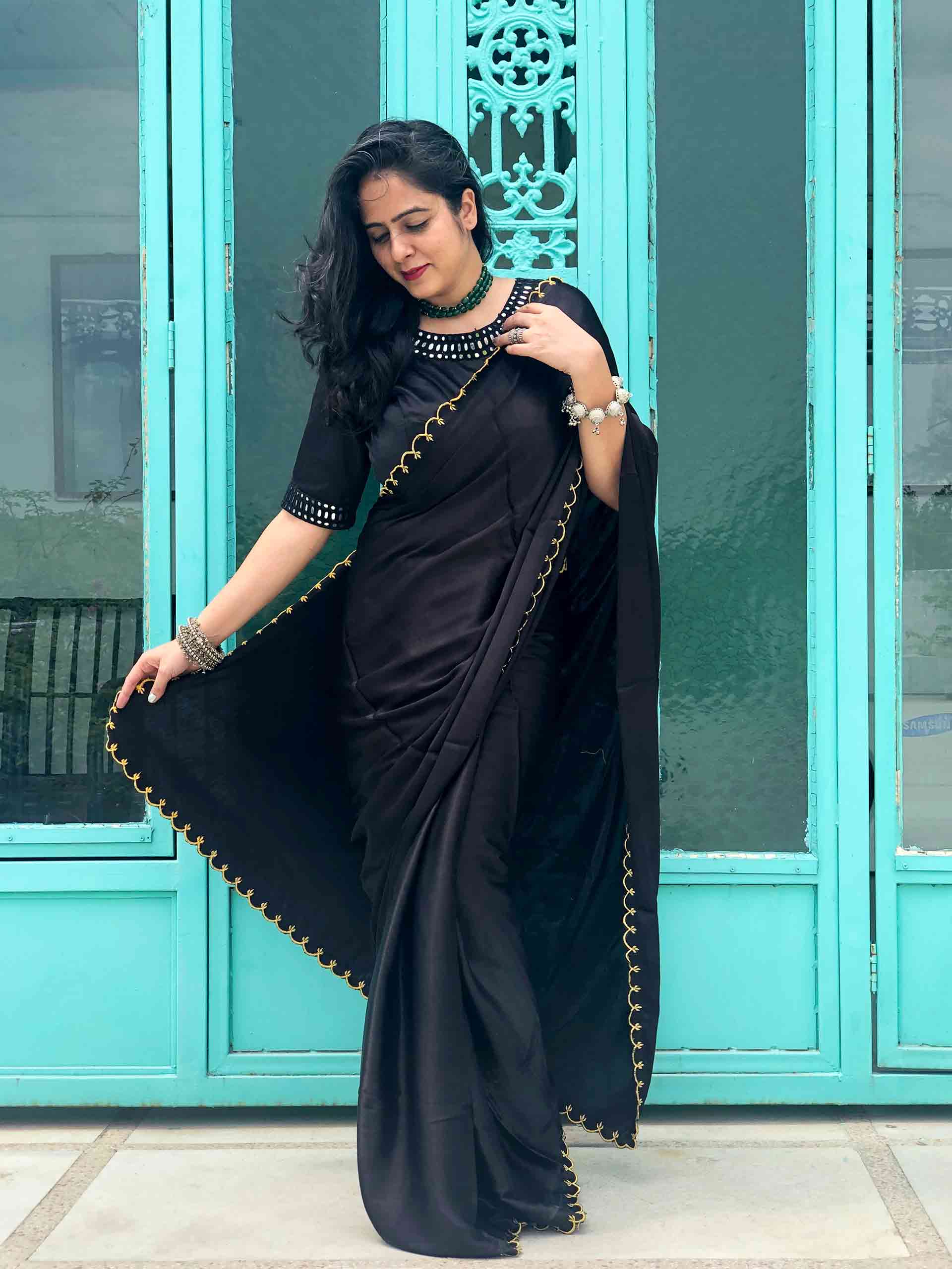 Black Silk Saree With Golden Border | Black Saree | Black And Gold Saree –  Lady India