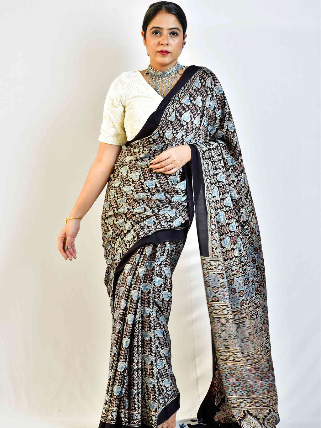 Tulips - Ajrakh hand block printed Modal Silk Saree