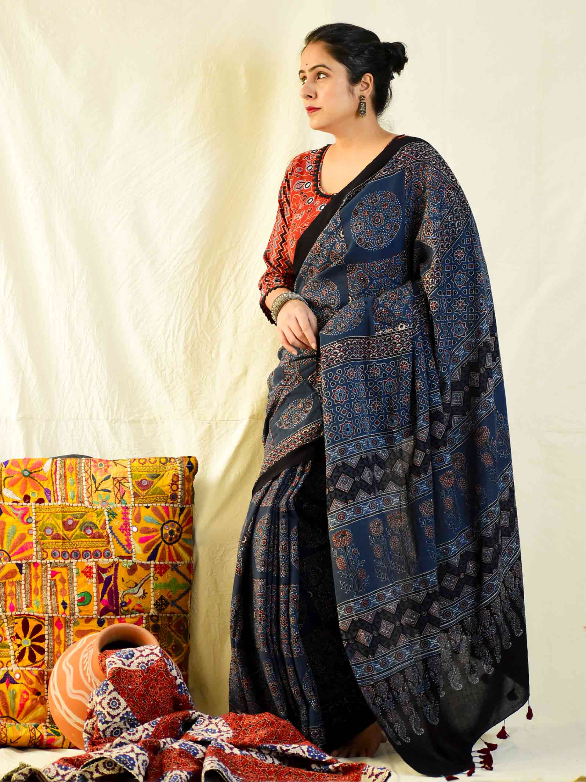 Jharokha -Black silk cotton Ajrakh handblockprinted saree