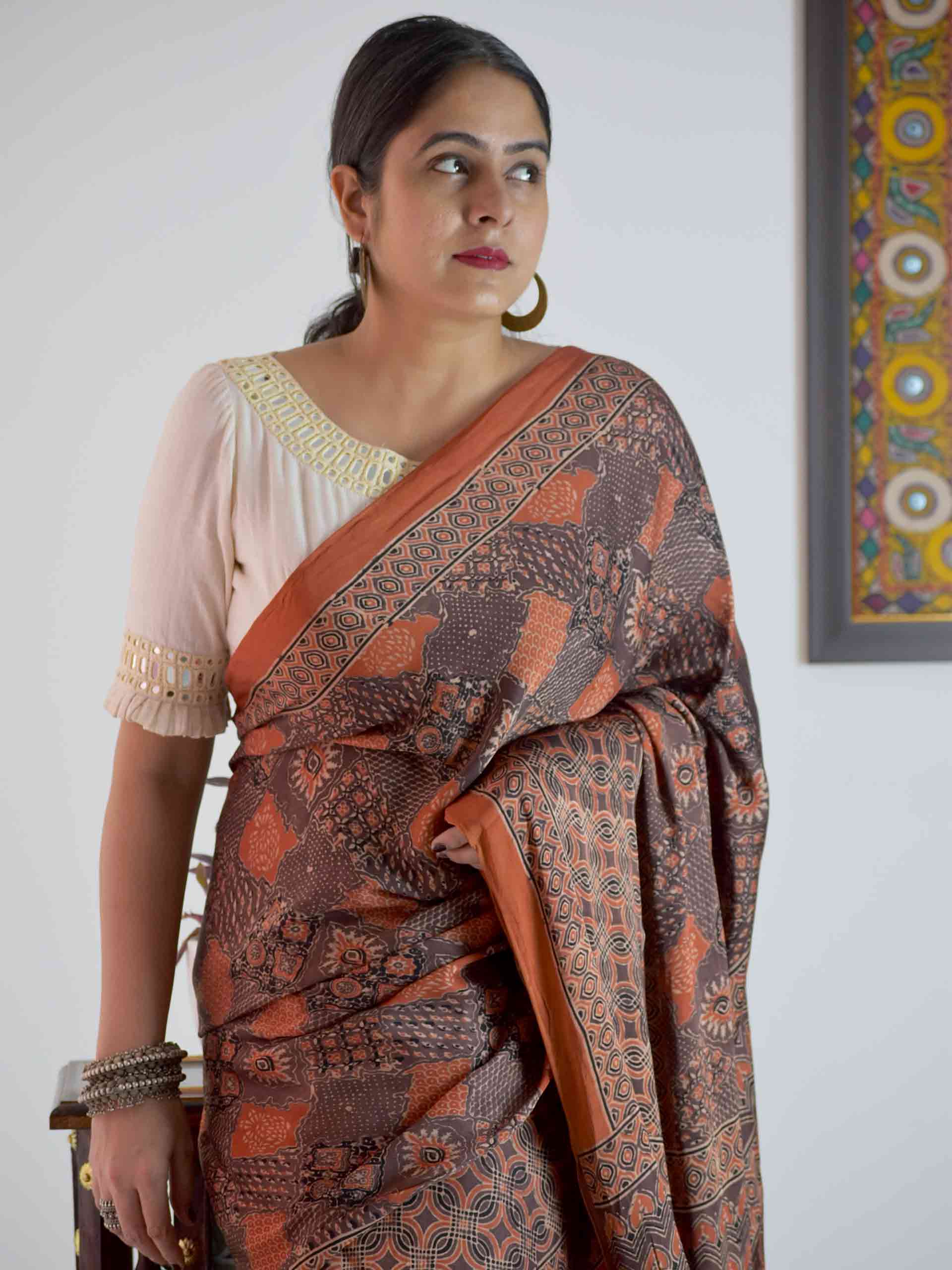 Buy Ajrakh Hand Block Printed Modal Silk Saree Online