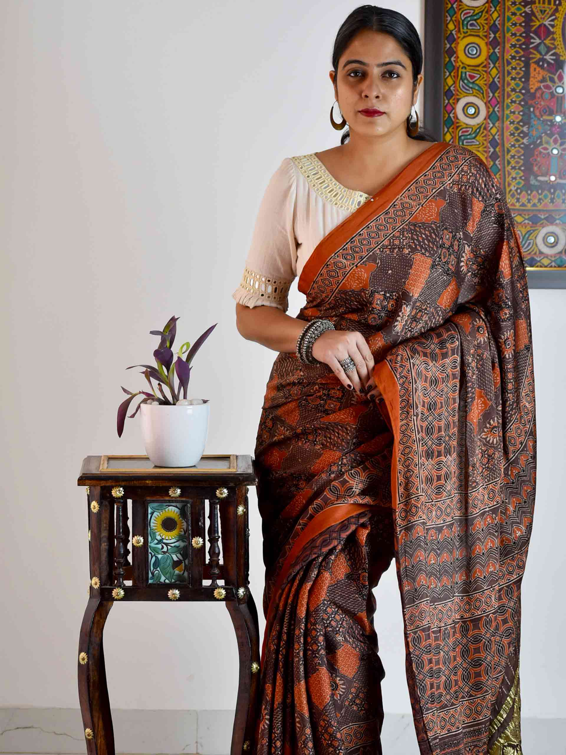 Buy Ajrakh Hand Block Printed Modal Silk Saree Online