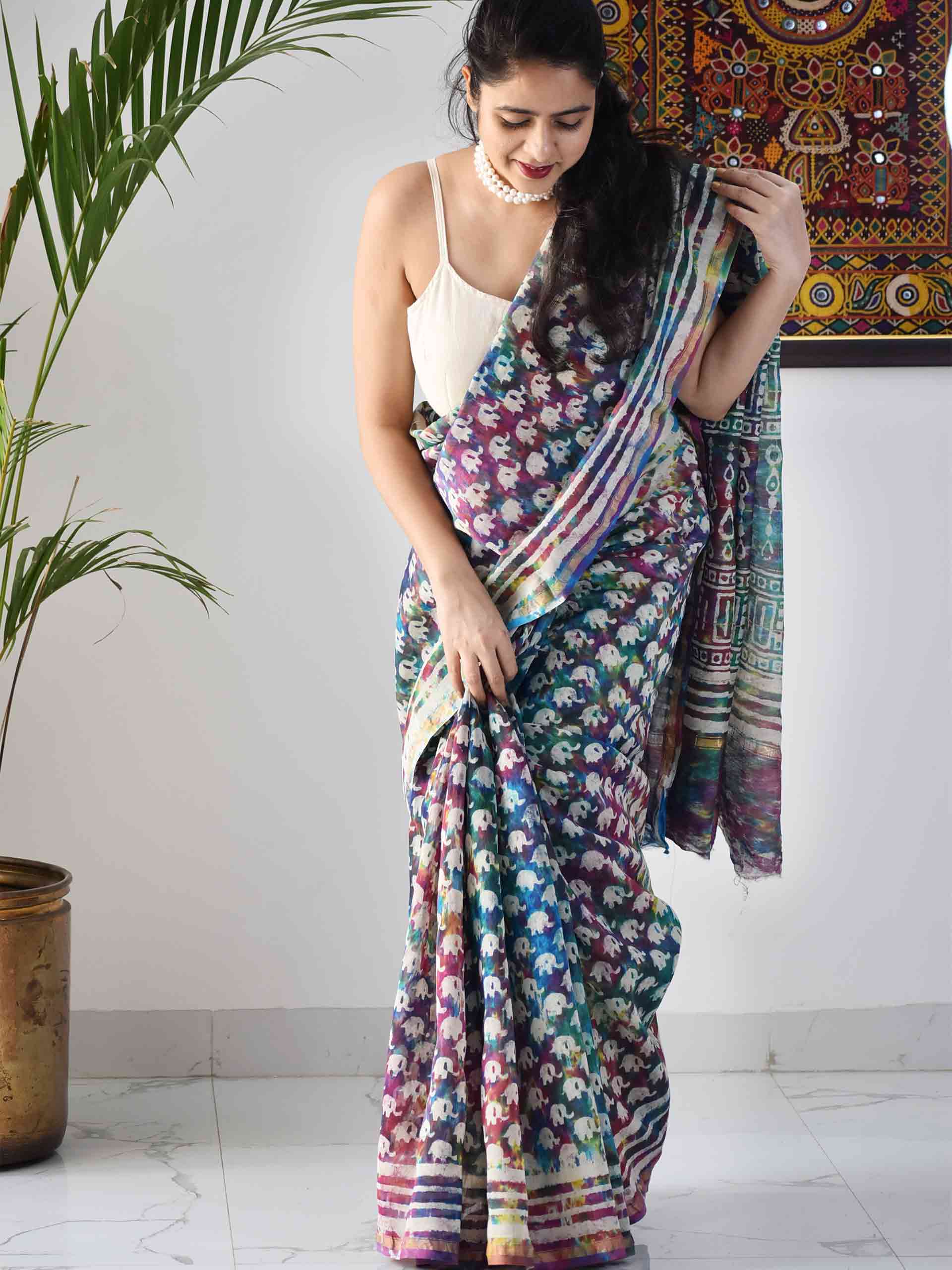 Printed Georgette Saree in Navy Blue - Sarees | Sarees for girls, Designer  saree blouse patterns, Stylish sarees