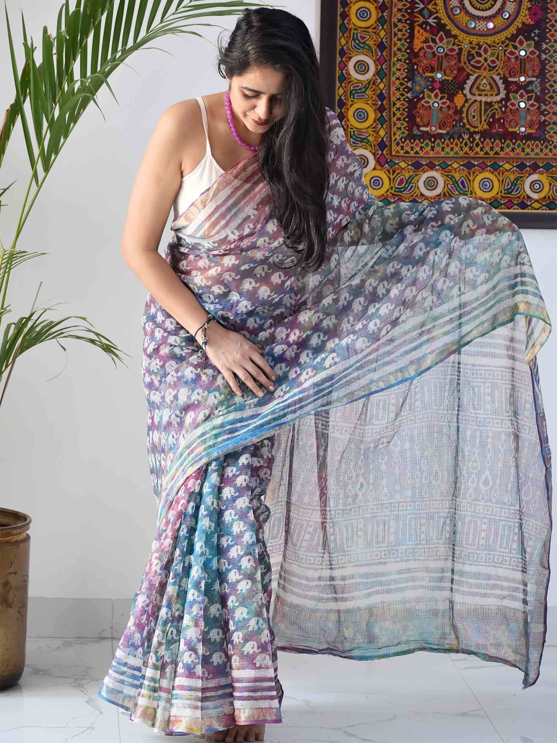 Fantastic White colored Partywear Linen Designer Printed Saree