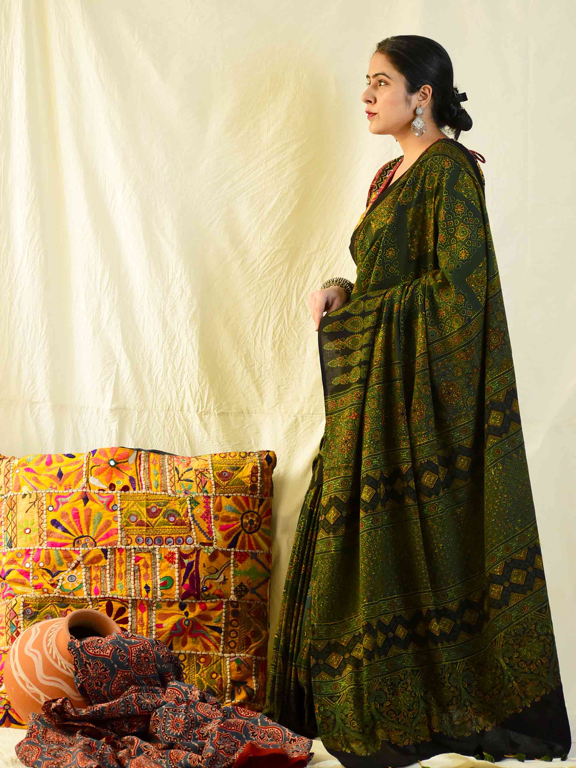 Mizaj -  Ajrakh hand block printed mul cotton saree