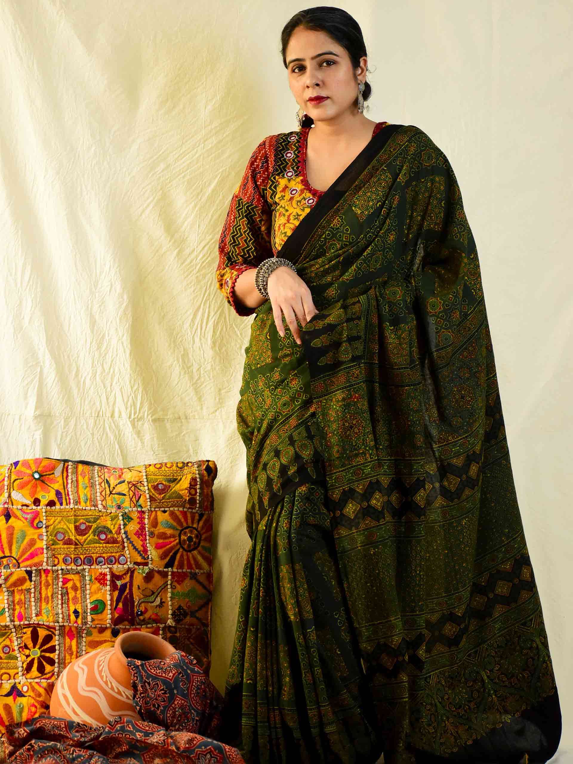 Mizaj -  Ajrakh hand block printed mul cotton saree