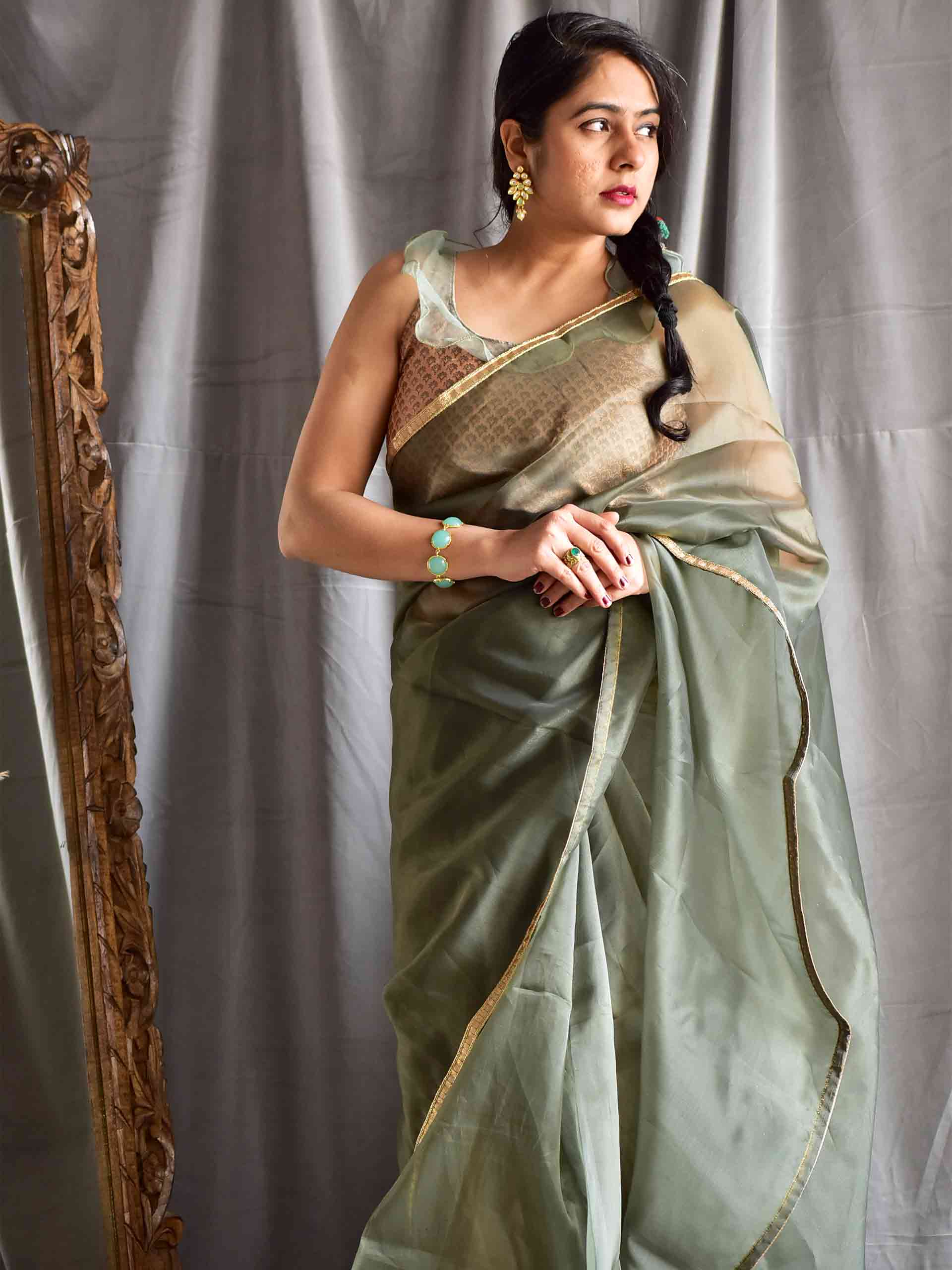 Zari Woven Designer Organza Silk Copper Golden Saree