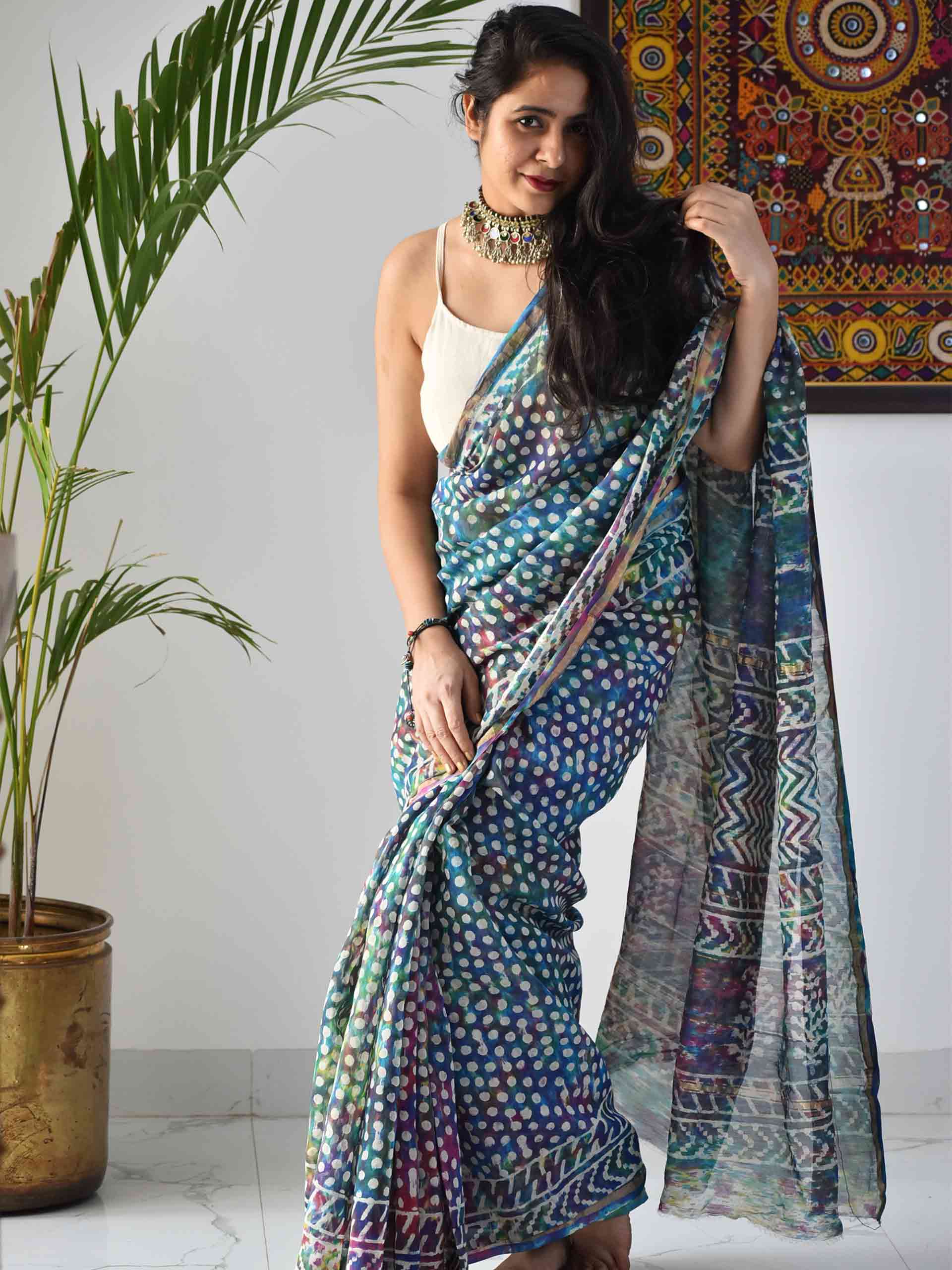 Stunning Indigo Printed Pure Silk Chanderi Saree With Blouse Piece