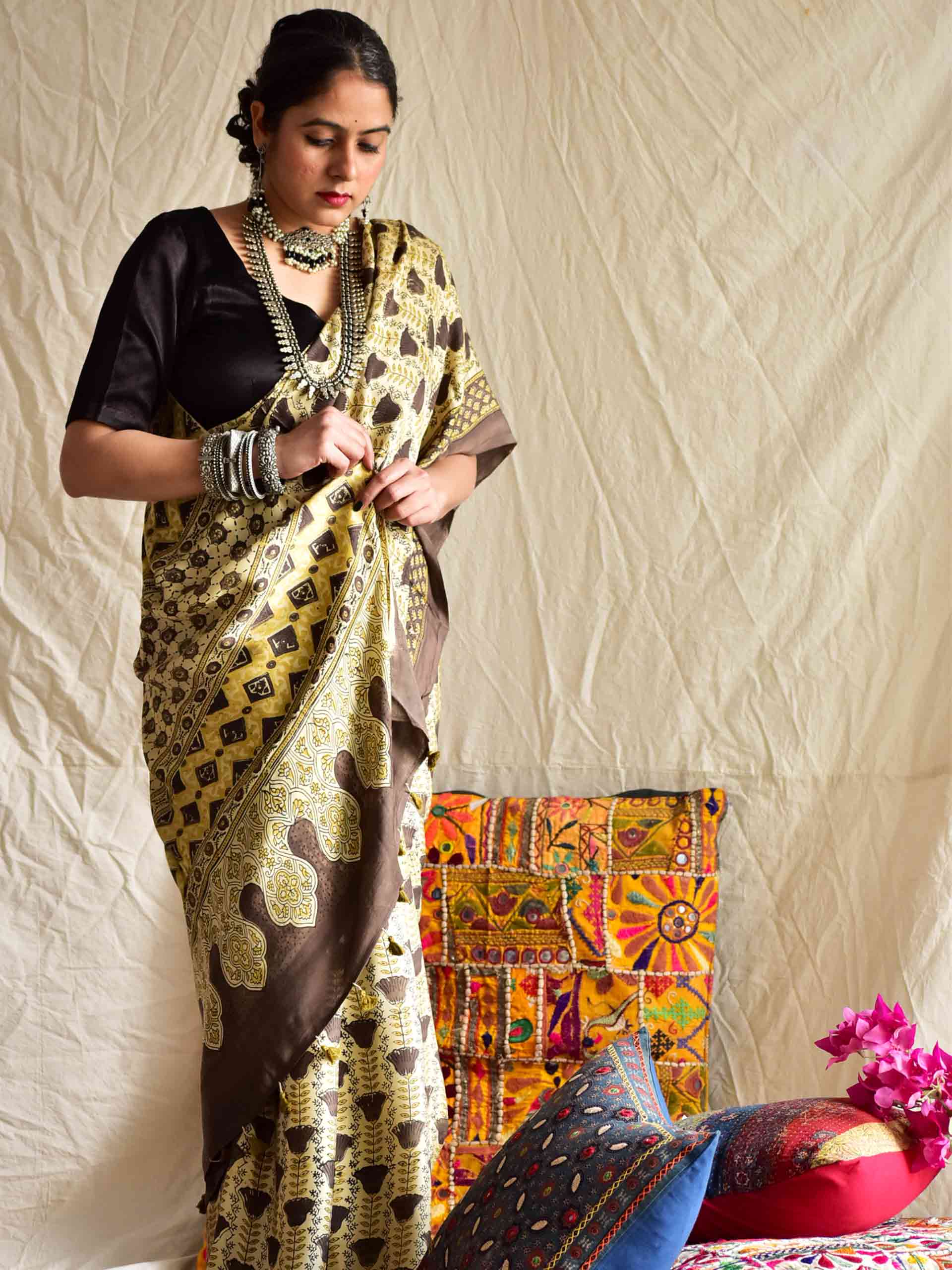 Buy Black Ajrakh Hand Block Printed Modal Silk Saree Online in India - Etsy  | Indian fashion, Saree jacket designs, Saree jackets