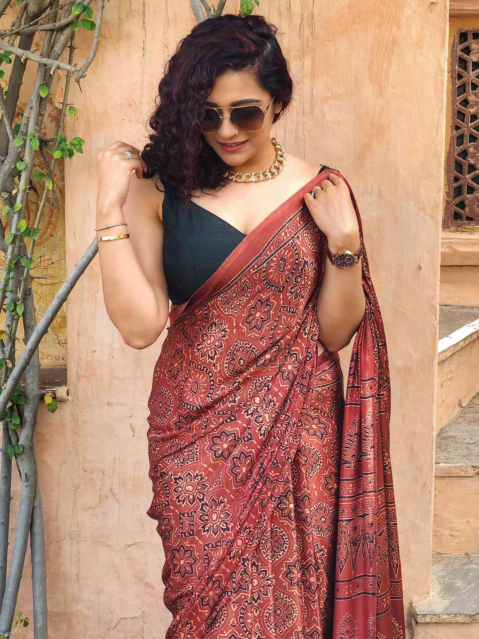 Maroon Ajrakh Pure Modal Silk Saree || Hand Block Ajrakh Saree || Maroon Black Silk Saree || PiranUSACloset || Saree Ships From USA || buy