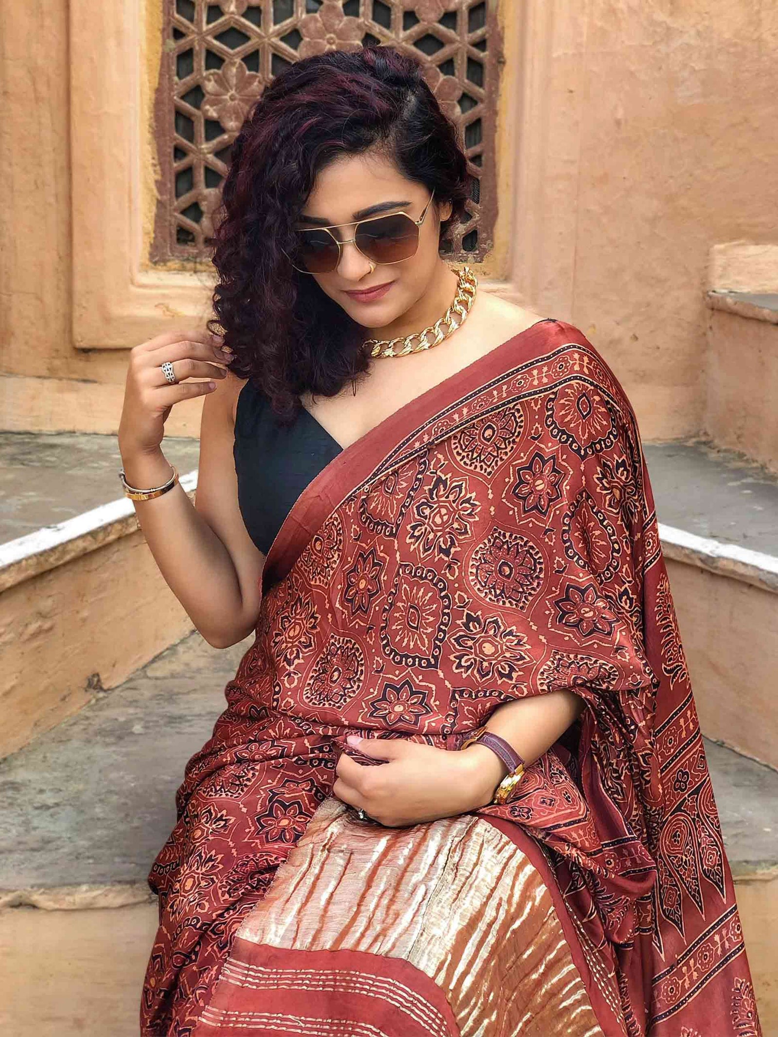 Buy Ajrakh Modal Silk sarees with Zari pallu Online | Modal Silk Saree